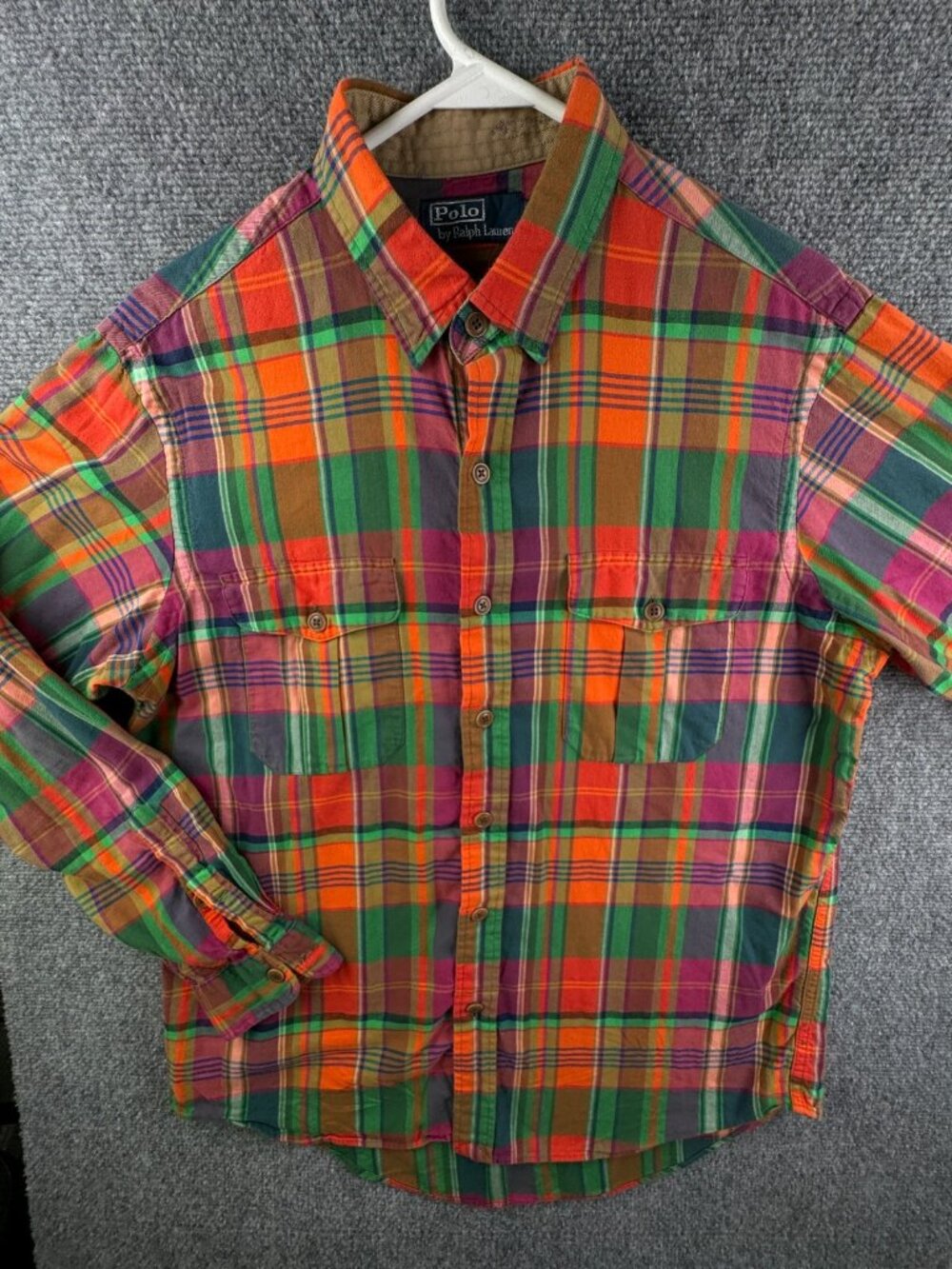 Polo Ralph Lauren Colorful Orange Green Plaid Button Up Shirt Large Pockets Soft